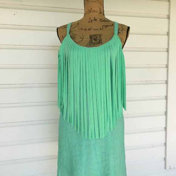 JUDITH MARCH FRINGE SPAGHETTI STRAP MINT DRESS - Picture 3 of 7